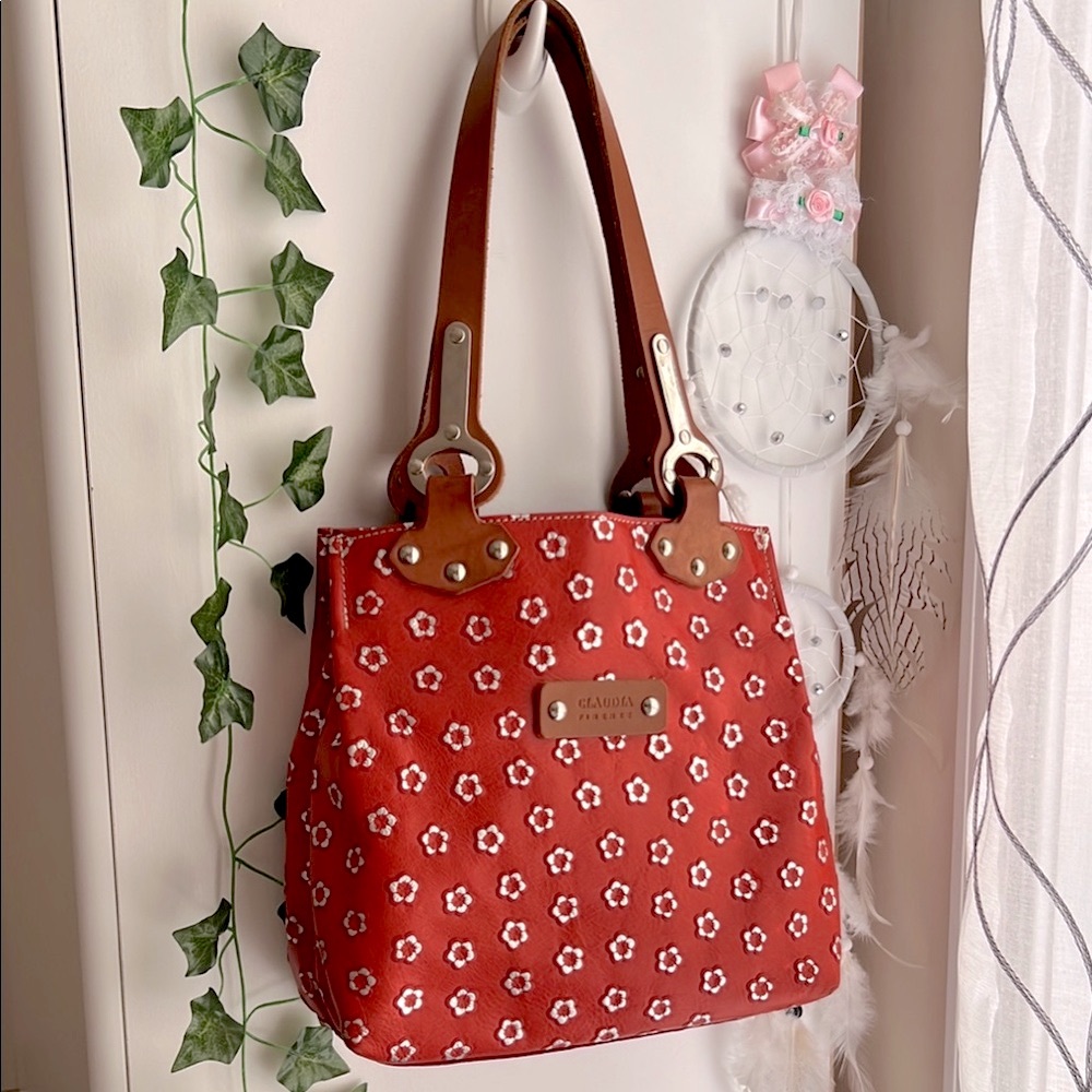 Claudia Firenze Vintage Red/Brown Floral Leather Shoulder Bag Made in Italy